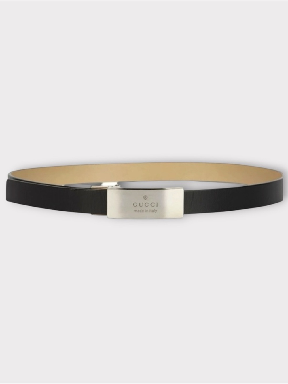 GUCCI Reversible Black and Tan Belt with Silver Logo Buckle.